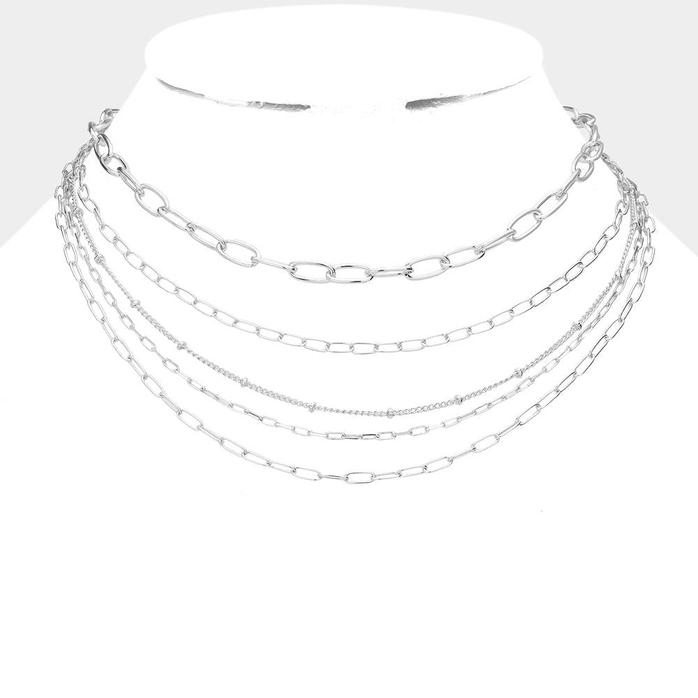 Open Metal Oval Link Multi Layered Bib Necklace