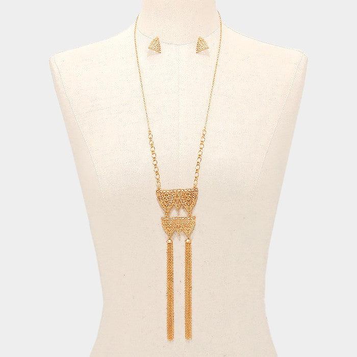 Gold Double metal chain tassel bib necklace