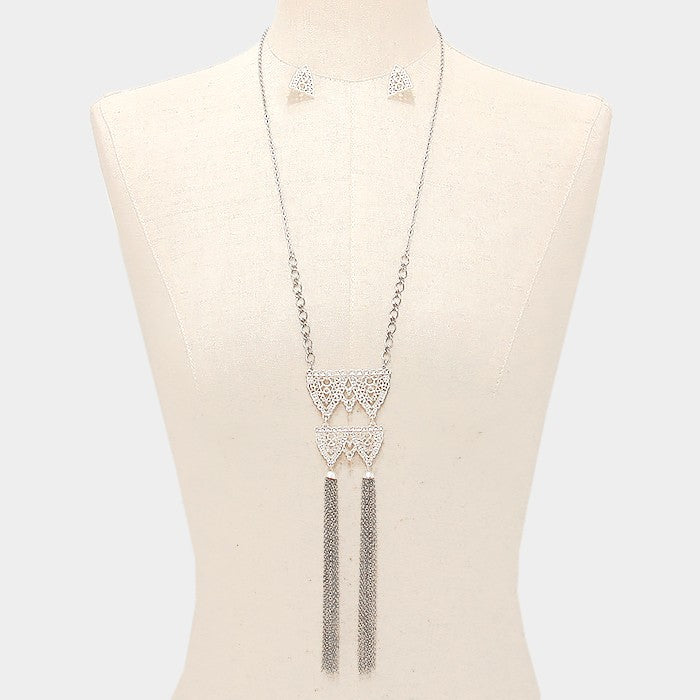 Silver Double metal chain tassel bib necklace