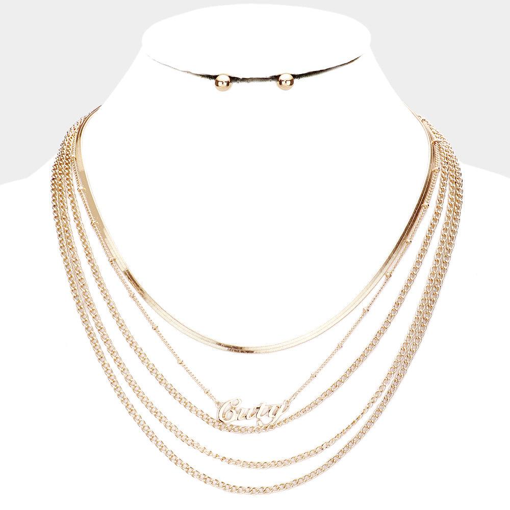 Gold Cuty Pendant Multi Layered Metal Chain Bib Message Necklace