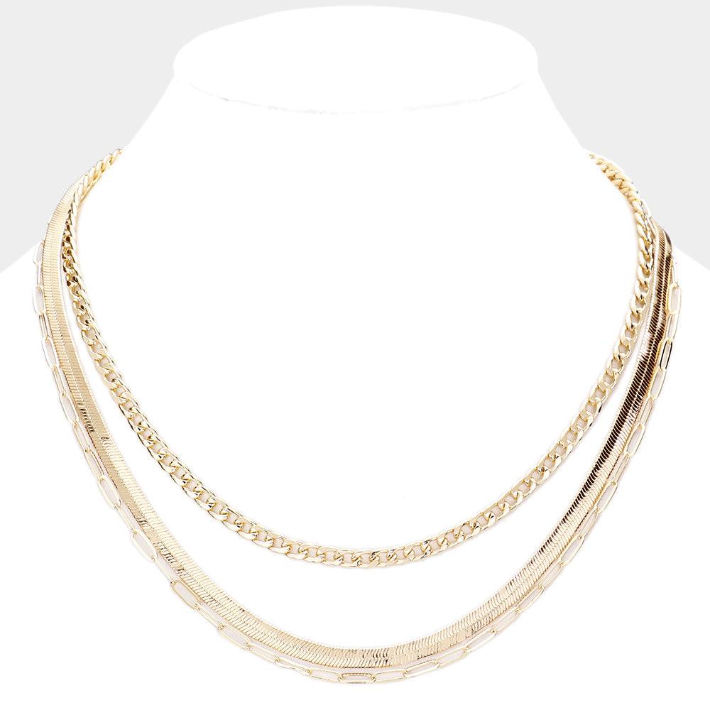 Gold Double Layered Metal Chain Bib Necklace