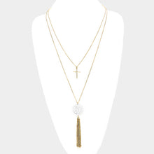 Load image into Gallery viewer, Gold Double Layered Metal Cross Jesus Disc Drop Chain Tassel Necklace
