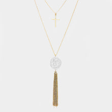 Load image into Gallery viewer, Gold Double Layered Metal Cross Jesus Disc Drop Chain Tassel Necklace
