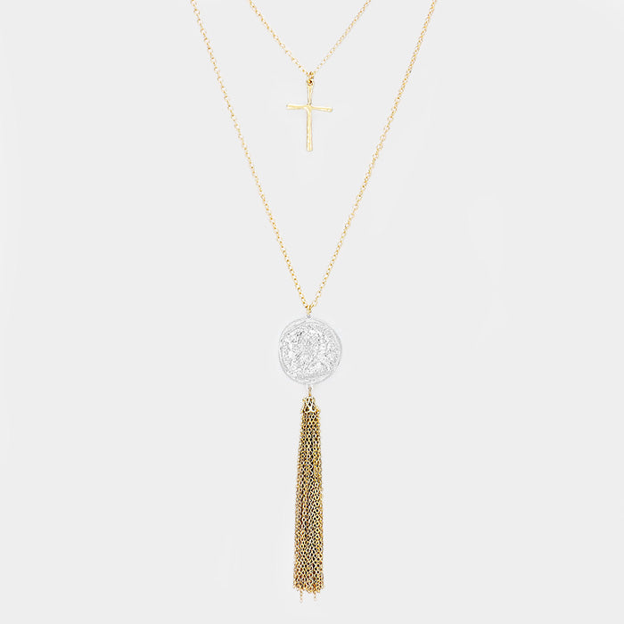 Gold Double Layered Metal Cross Jesus Disc Drop Chain Tassel Necklace