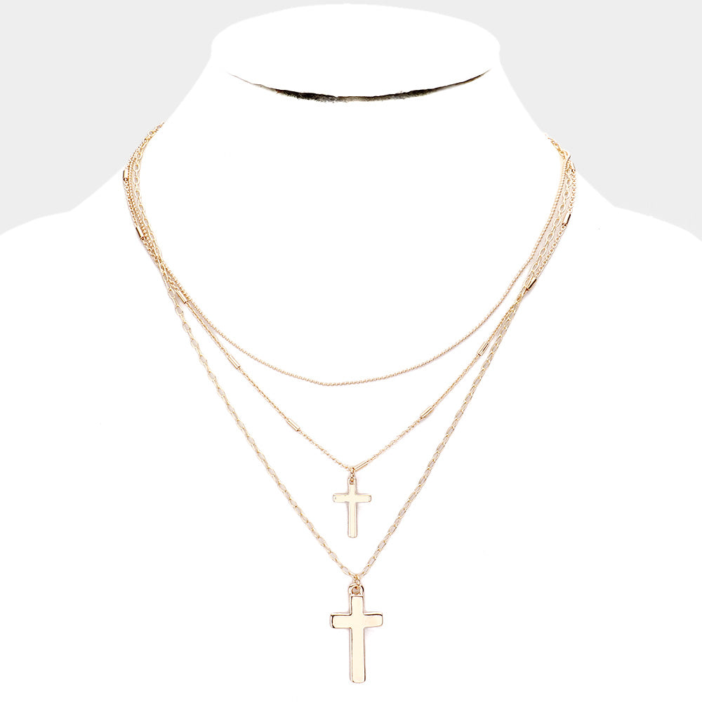 Gold Metal Cross Pendant Layered Necklace