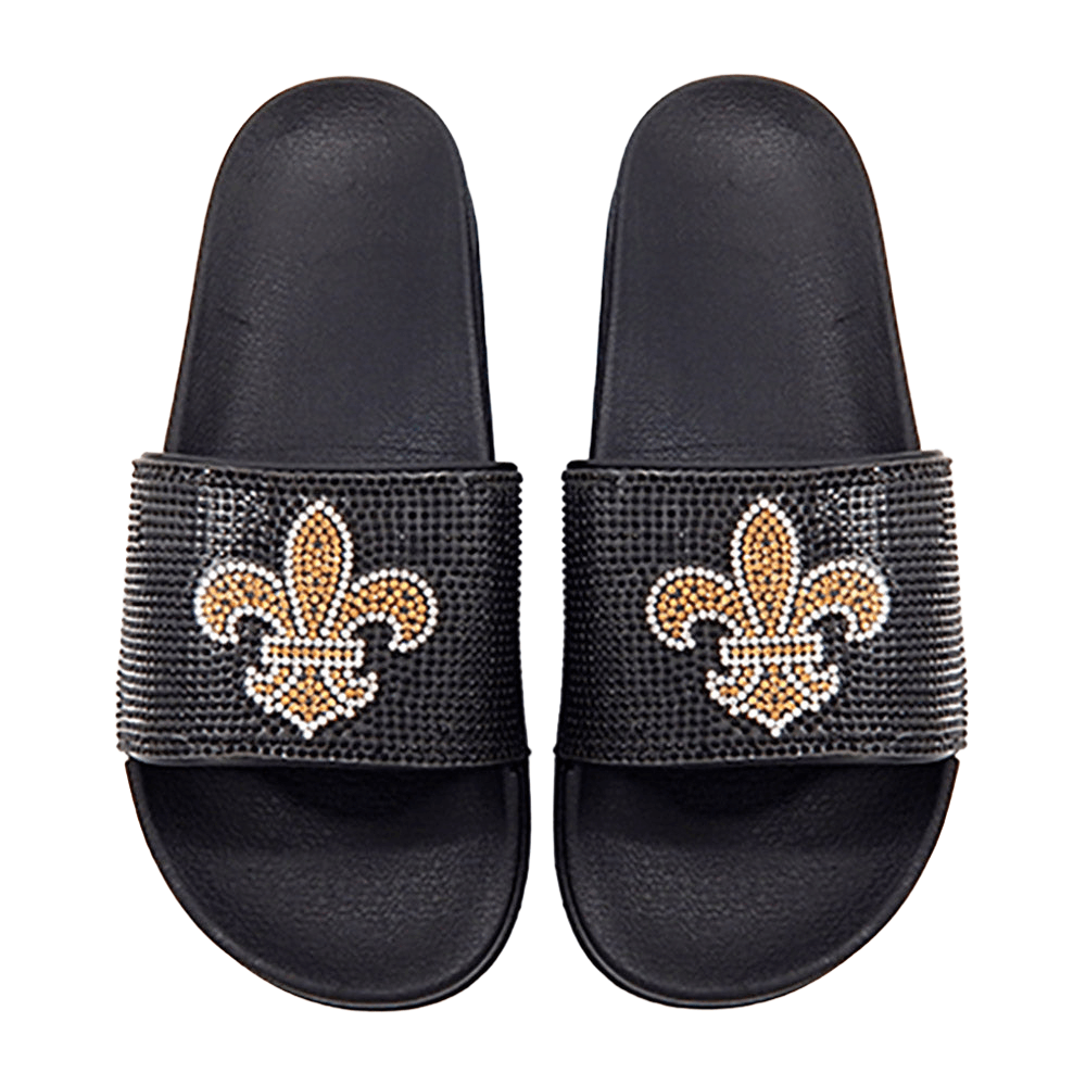 Black Bling Fleur de Lis Slide Sandal Slippers