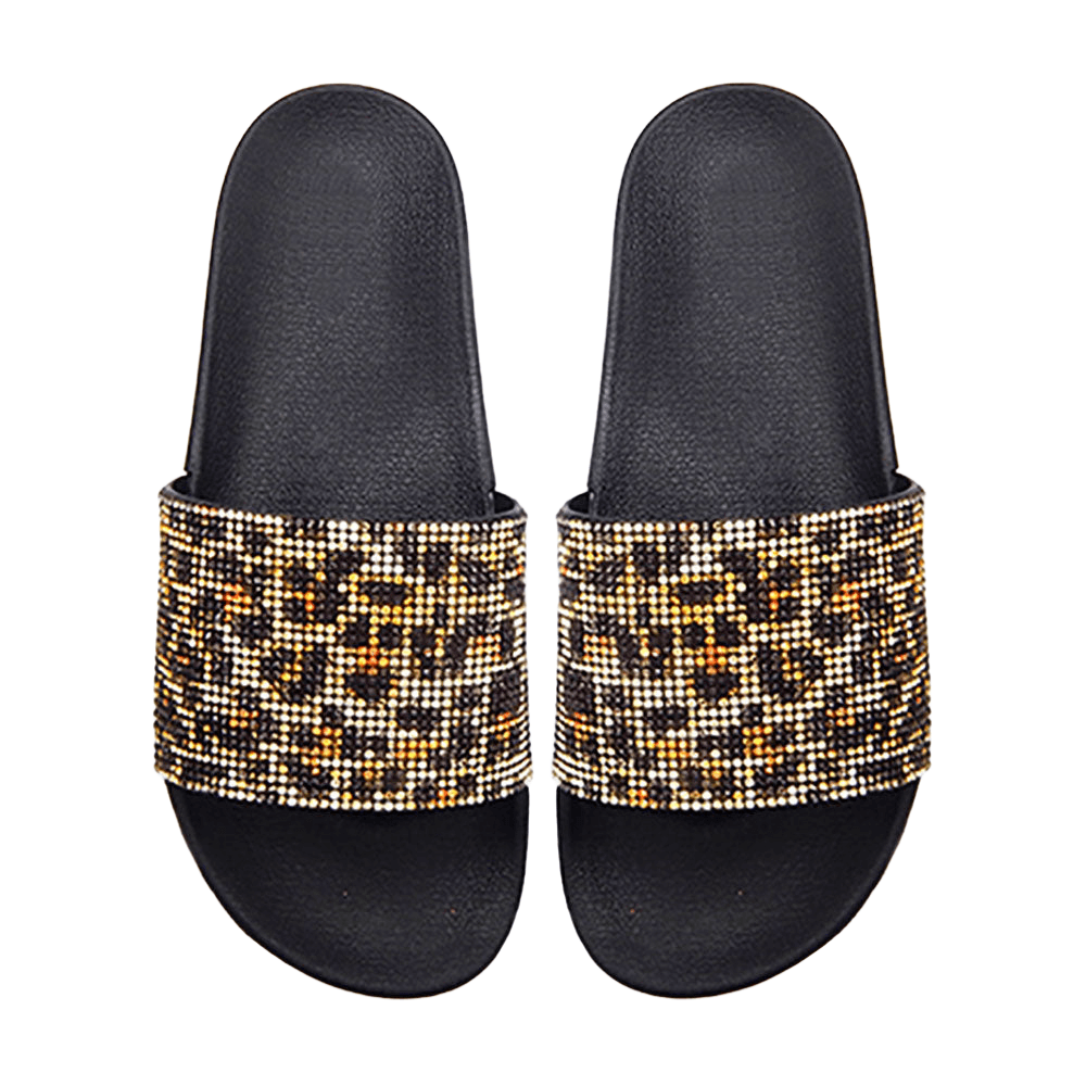 Black Bling Leopard Patterned Slide Sandal Slippers