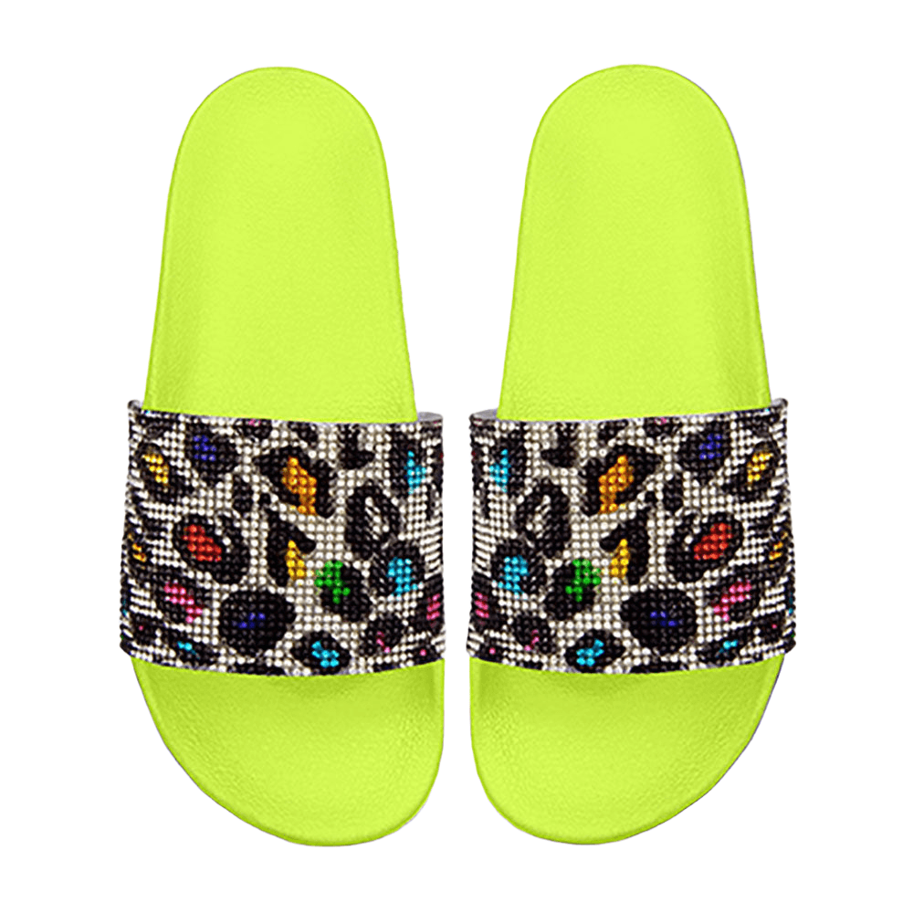 Yellow Bling Leopard Patterned Slide Sandal Slippers