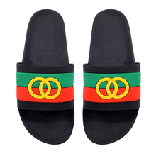 Load image into Gallery viewer, Black Color Block Open Circle Link Accented Slide Sandal Slippers
