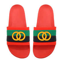 Load image into Gallery viewer, Red Color Block Open Circle Link Accented Slide Sandal Slippers
