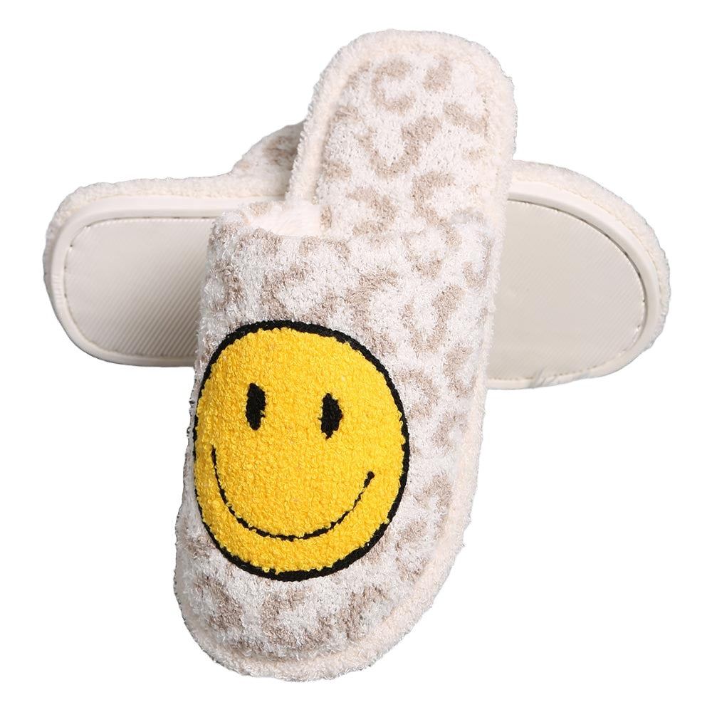 Beige Smile Accented Leopard Patterned Soft Home Indoor Floor Slippers