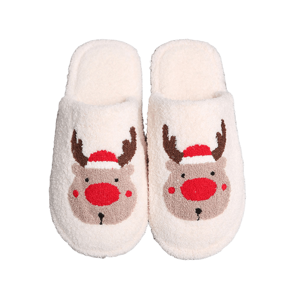 White Santa Hat Rudolph Print Soft Home Indoor Floor Slippers