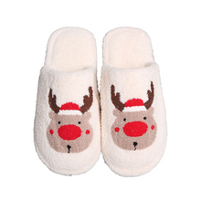 Load image into Gallery viewer, White Santa Hat Rudolph Print Soft Home Indoor Floor Slippers
