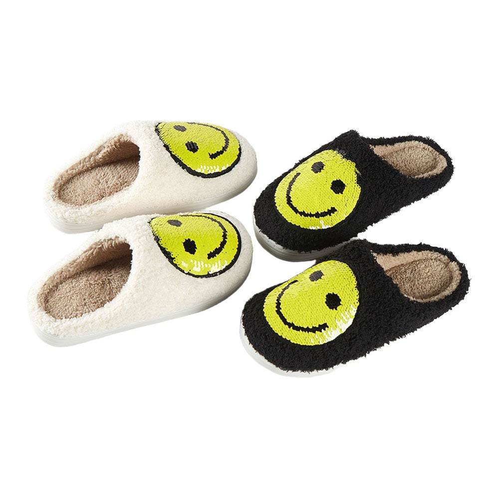 Black 6Pairs - Reversible Sequin Smile Soft Home Indoor Floor Slippers