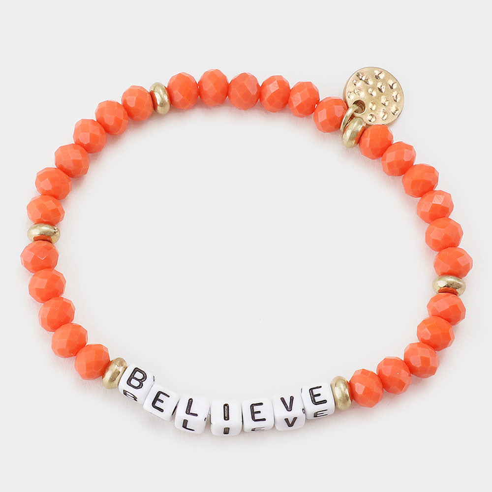 Orange BELIEVE Faceted Beaded Stretch Bracelet