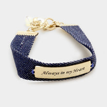 Load image into Gallery viewer, Gold Always in my heart message bar &amp; denim toggle bracelet
