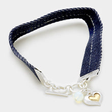 Load image into Gallery viewer, Silver Always in my heart message bar &amp; denim toggle bracelet
