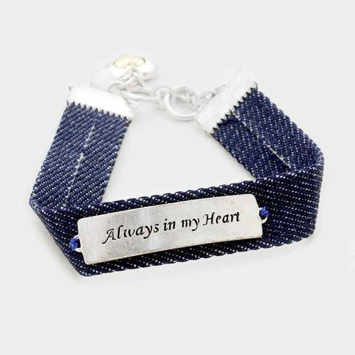 Silver Always in my heart message bar & denim toggle bracelet