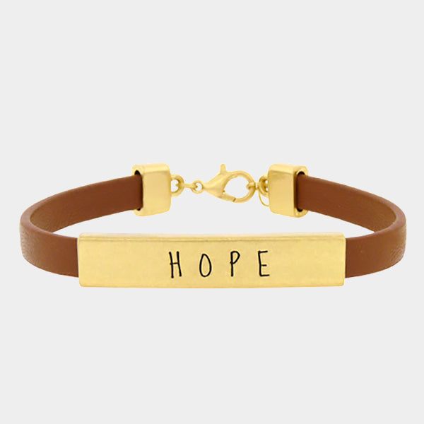 Gold Hope message bar faux leather bracelet