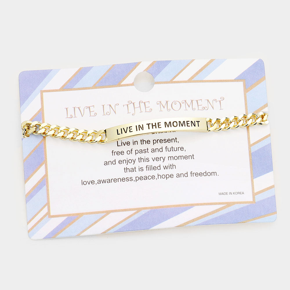 Gold LIVE IN THE MOMENT Curved Metal Bar Message Bracelet