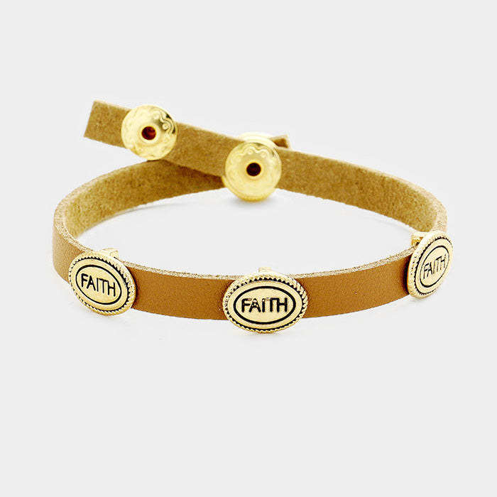 Gold Faith Faux Leather Snap Button Bracelet