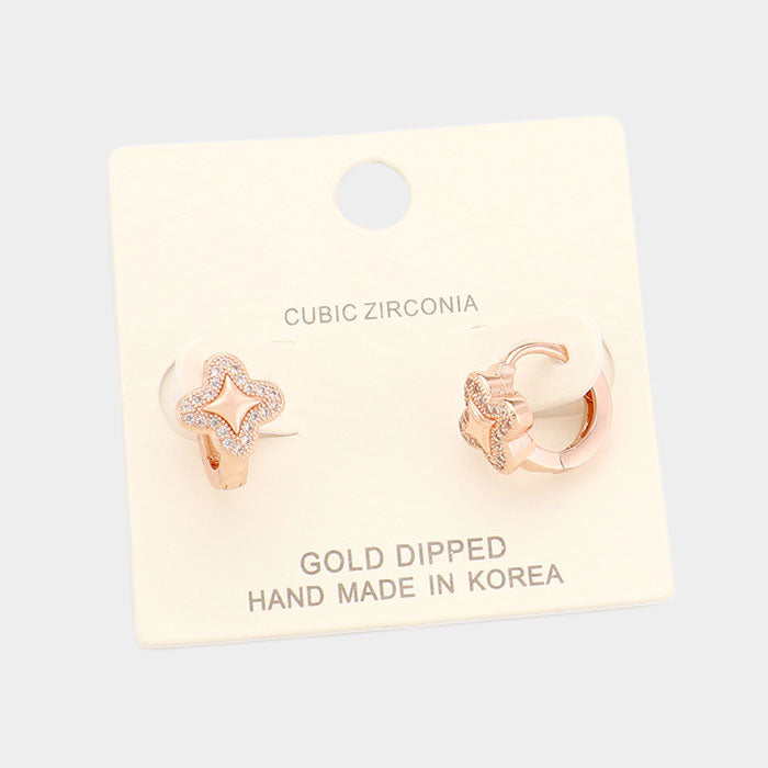 Rose Gold Gold Dipped Cubic Zirconia Quatrefoil Huggie Earrings