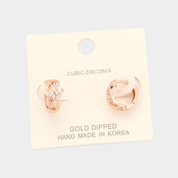 Rose Gold Gold Dipped Cubic Zirconia Braid Huggie Earrings