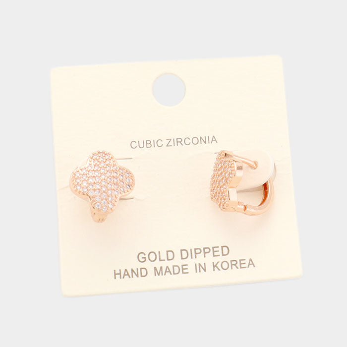 Rose Gold Gold Dipped Cubic Zirconia Quatrefoil Huggie Earrings