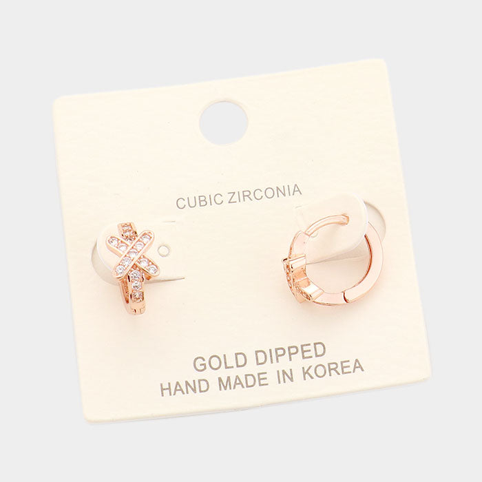 Rose Gold Gold Dipped Cubic Zirconia Crisecross Huggie Earrings