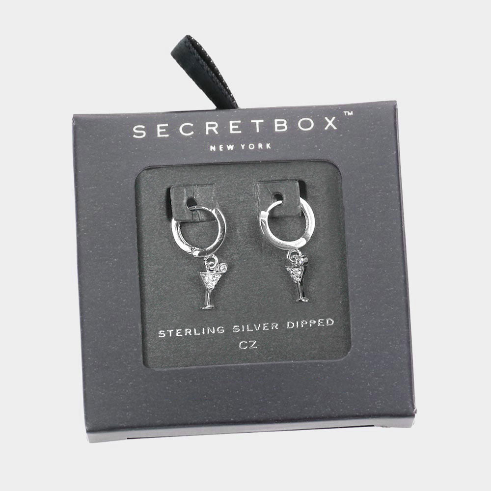 White Secret Box Sterling Silver Dipped CZ Embellished Metal Cocktail Dangle Huggie Earrings