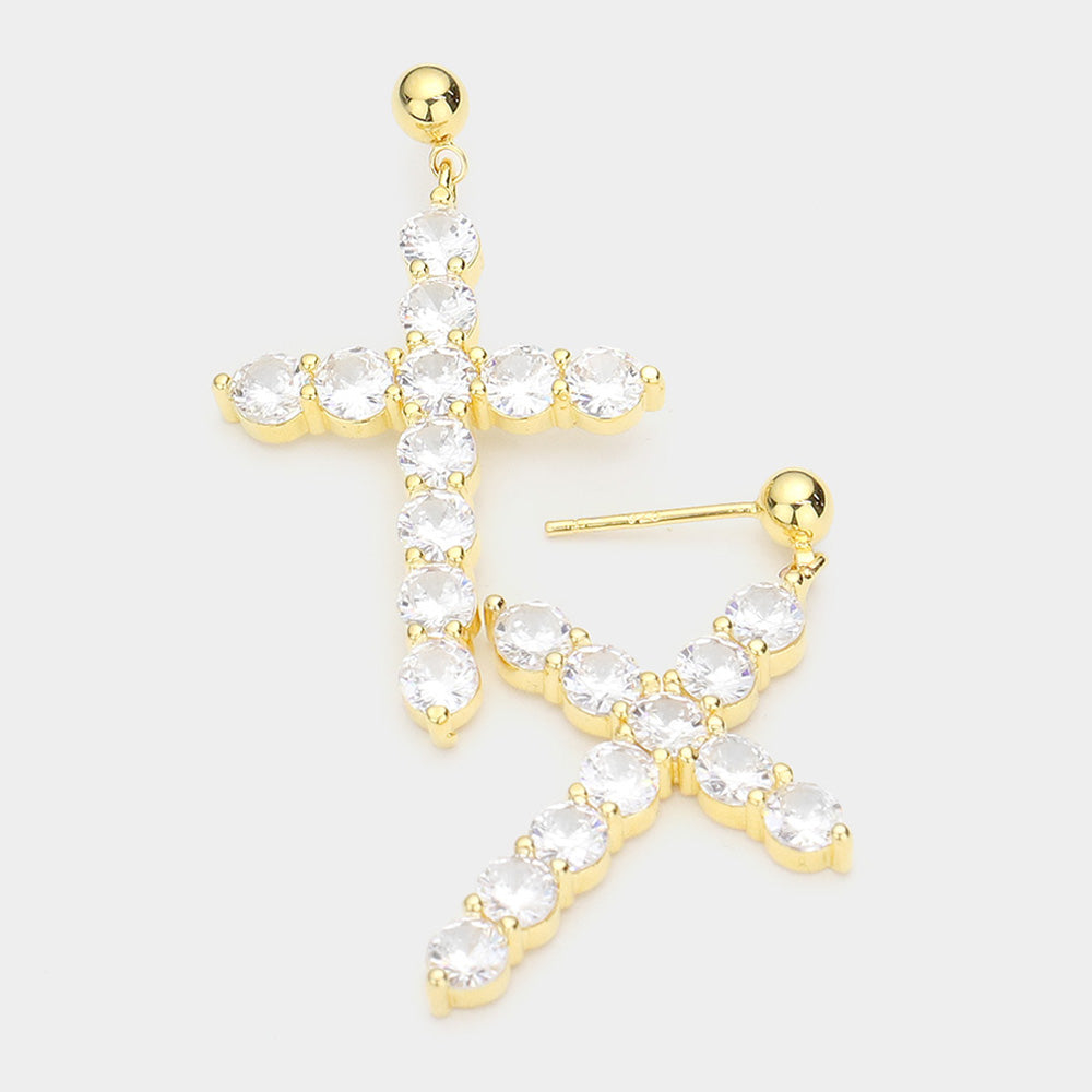 Silver Gold Dipped CZ Embellished Cross Dangle Earrings