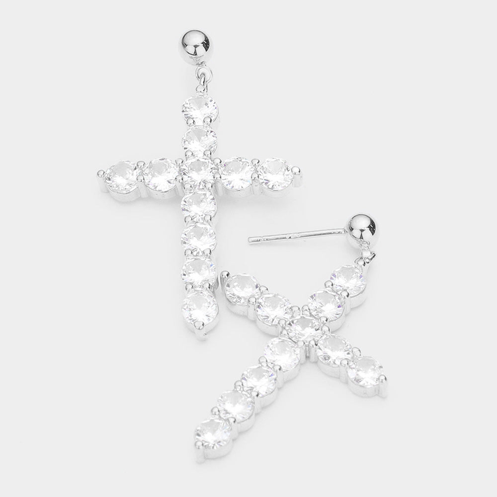 Silver White Gold Dipped CZ Embellished Cross Dangle Earrings