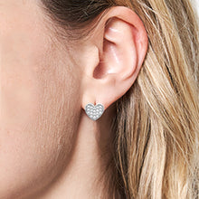 Load image into Gallery viewer, Silver White Gold Dipped CZ Stone Paved Heart Huggie Earrings
