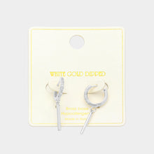 Load image into Gallery viewer, Silver White Gold Dipped Drop Bar CZ Paved Huggie Earrings
