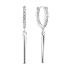 Load image into Gallery viewer, Silver White Gold Dipped Drop Bar CZ Paved Huggie Earrings
