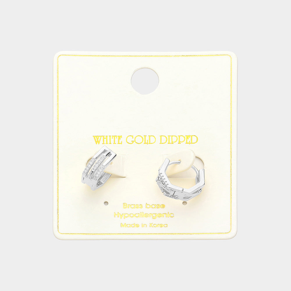 Silver White Gold Dipped Stone Paved Duo Octagon Huggie Hoop Earrings