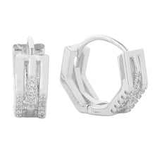 Load image into Gallery viewer, Silver White Gold Dipped Stone Paved Duo Octagon Huggie Hoop Earrings
