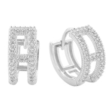 Load image into Gallery viewer, Silver White Gold Dipped CZ Stone Paved H Huggie Hoop Earrings
