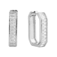 Load image into Gallery viewer, Silver White Gold Dipped Emerald CZ Stone Paved Huggie Hoop Earrings
