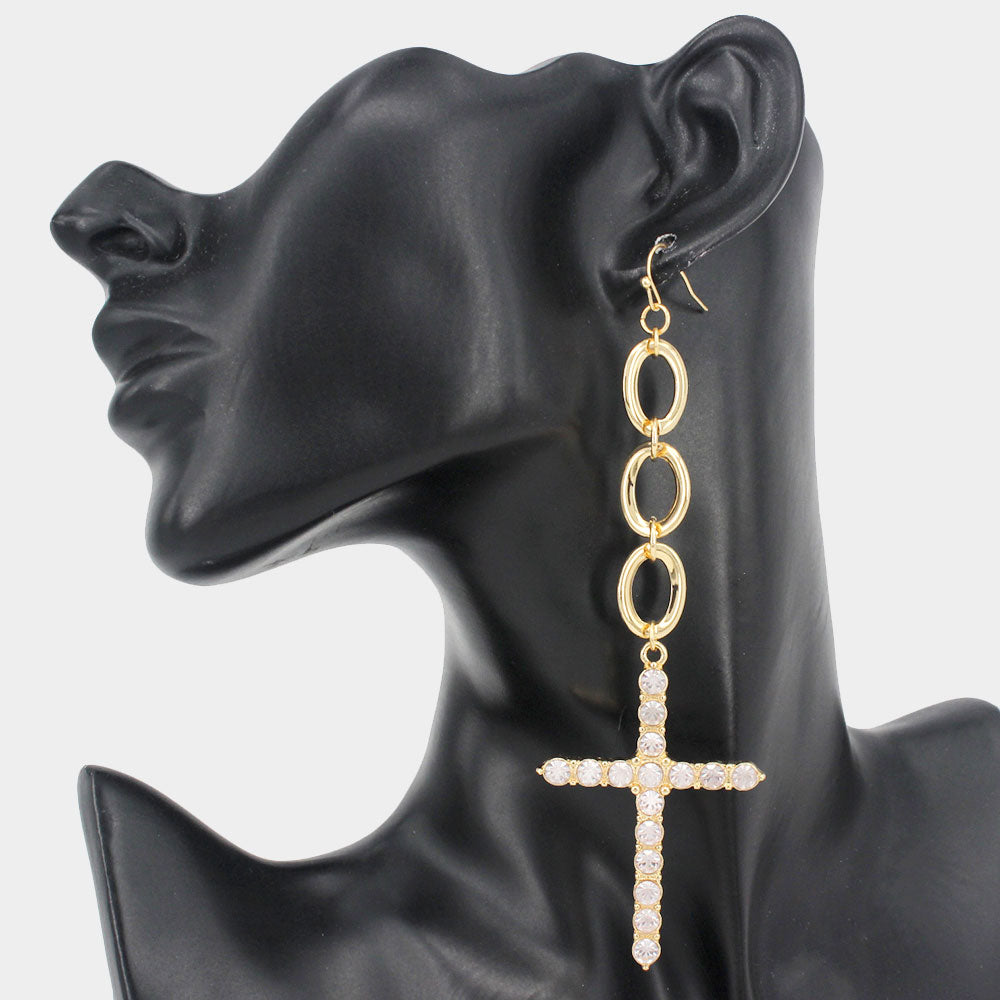 Gold Triple Open Oval Stone Embellished Cross Link Dangle Earrings