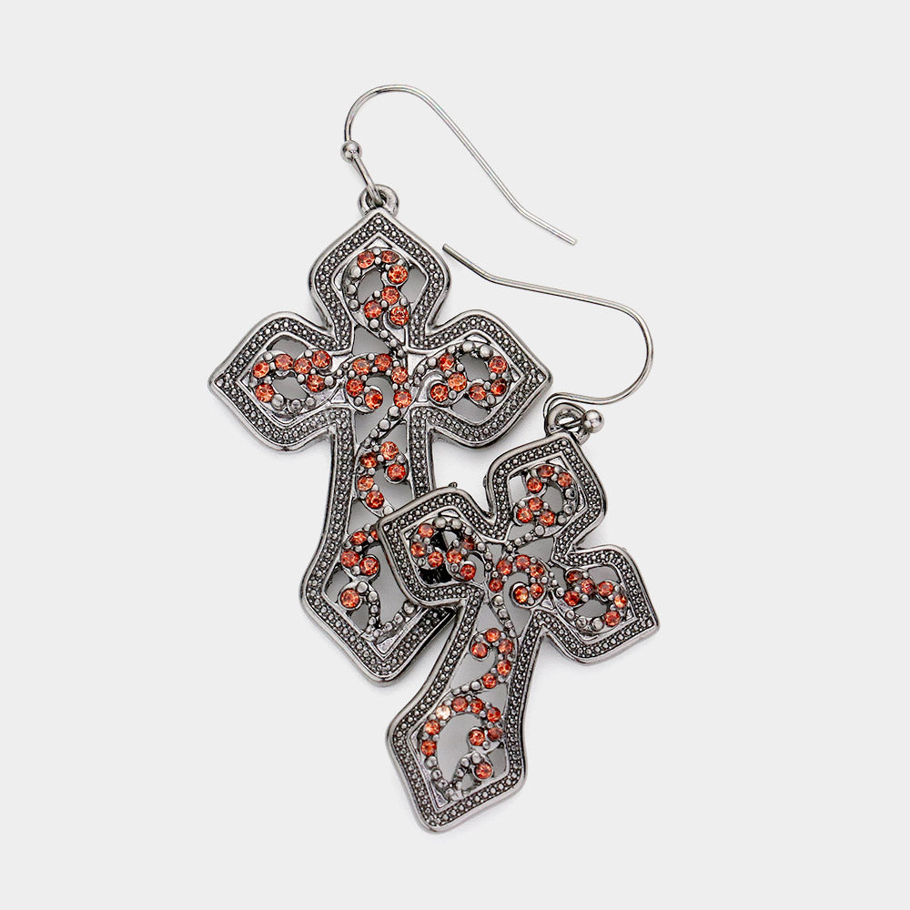 Hematite Rhinestone Embellished Metal Cross Dangle Earrings