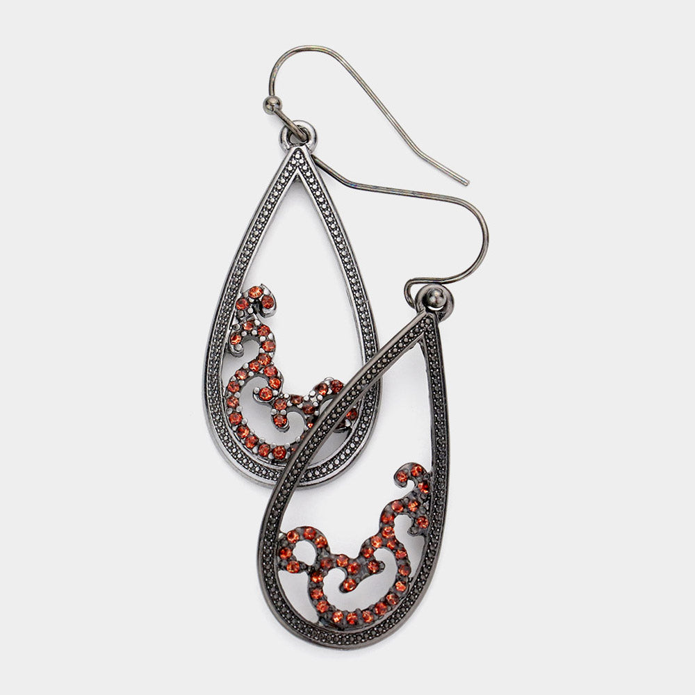 Hematite Rhinestone Embellished Open Metal Teardrop Dangle Earrings
