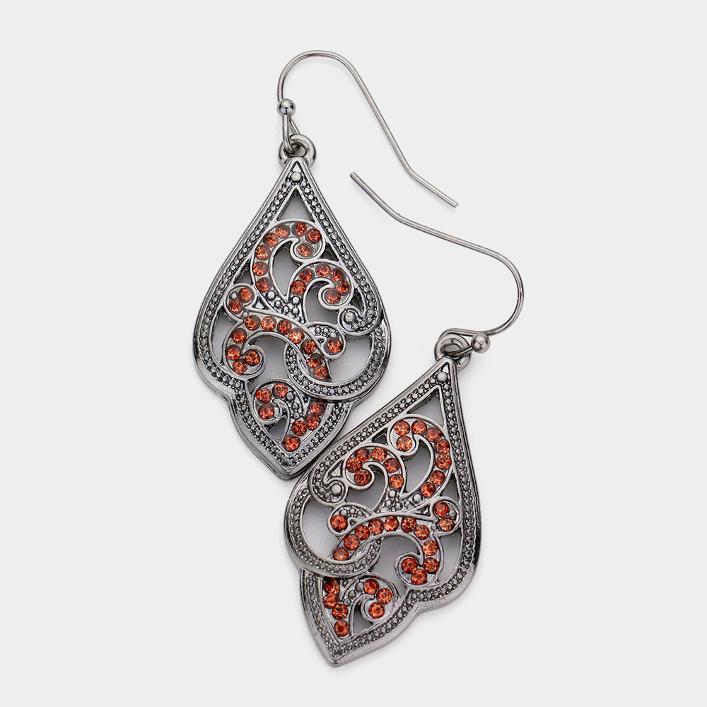 Hematite Rhinestone Embellished Metal Petal Dangle Earrings