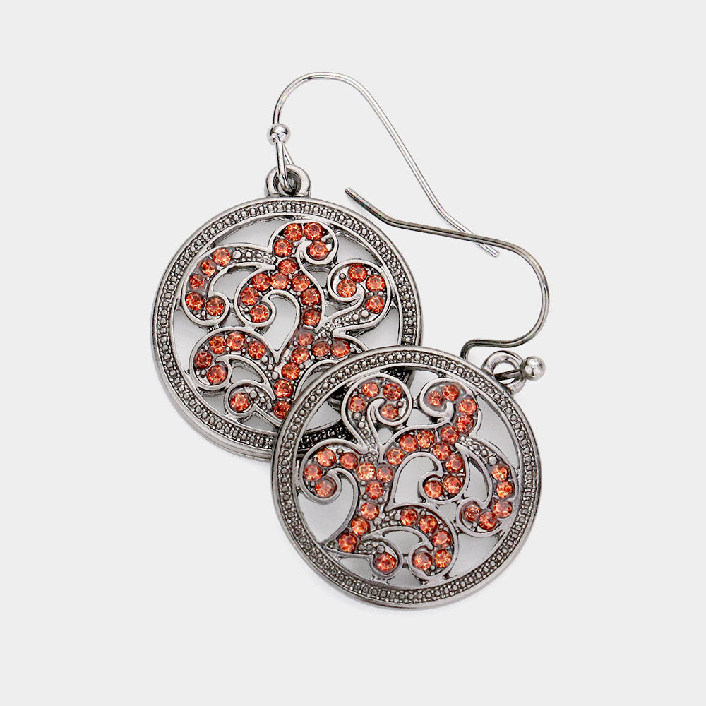 Hematite Rhinestone Embellished Metal Round Dangle Earrings