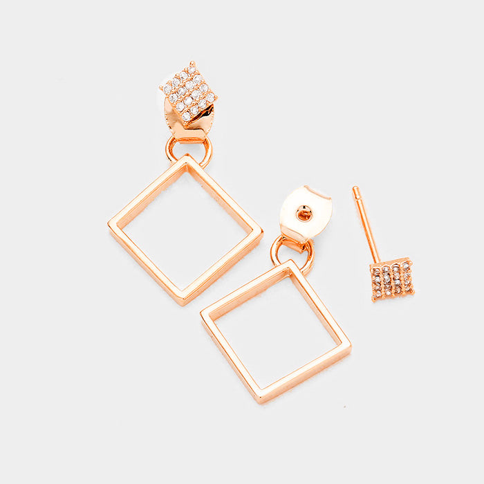 Rose Gold Cubic Zirconia Metal Square Earrings