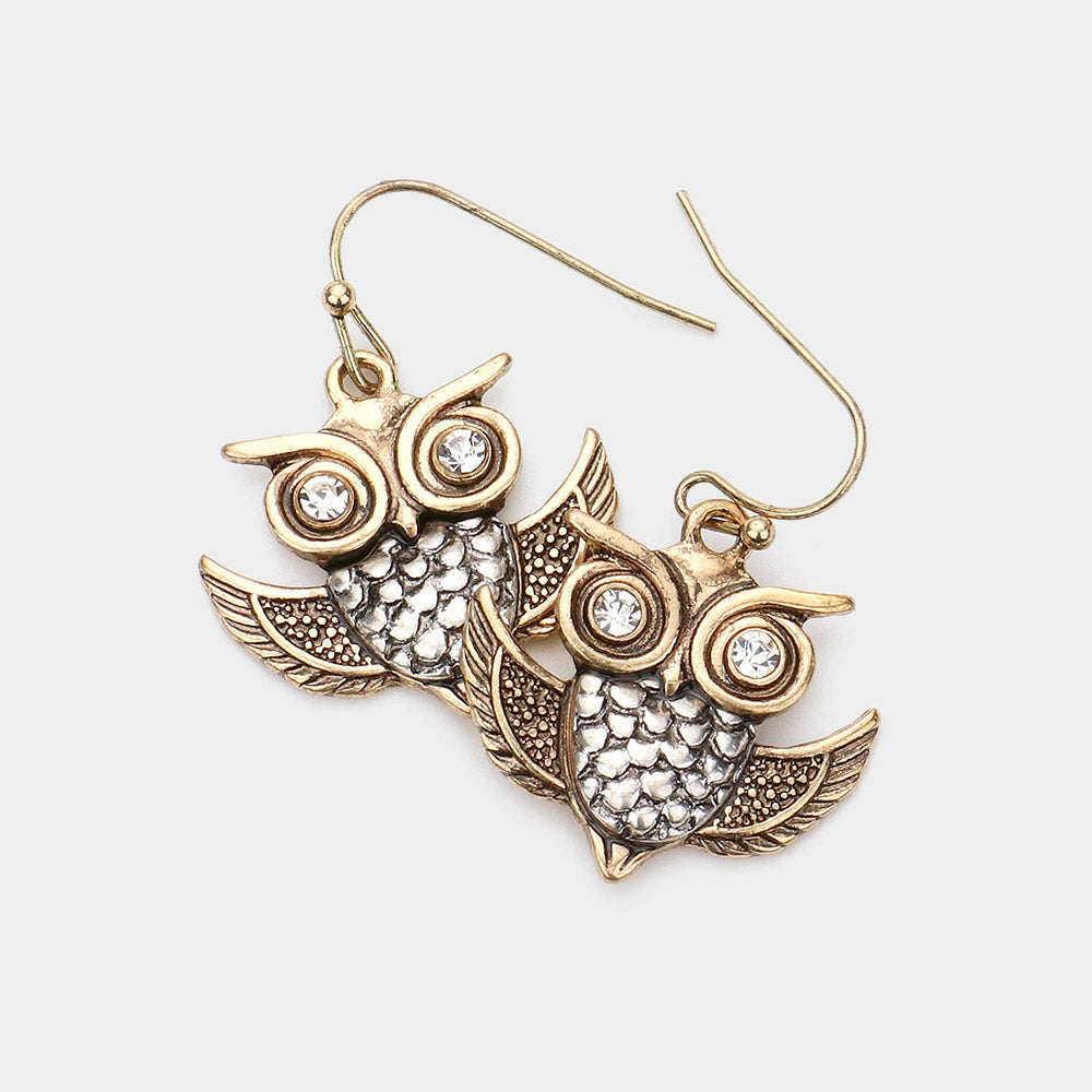 Two Tone Stone Embellished Metal Owl Dangle Earrings