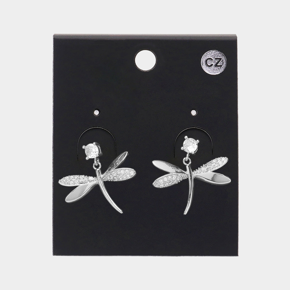 Gold CZ Stone Paved Dragonfly Dangle Earrings