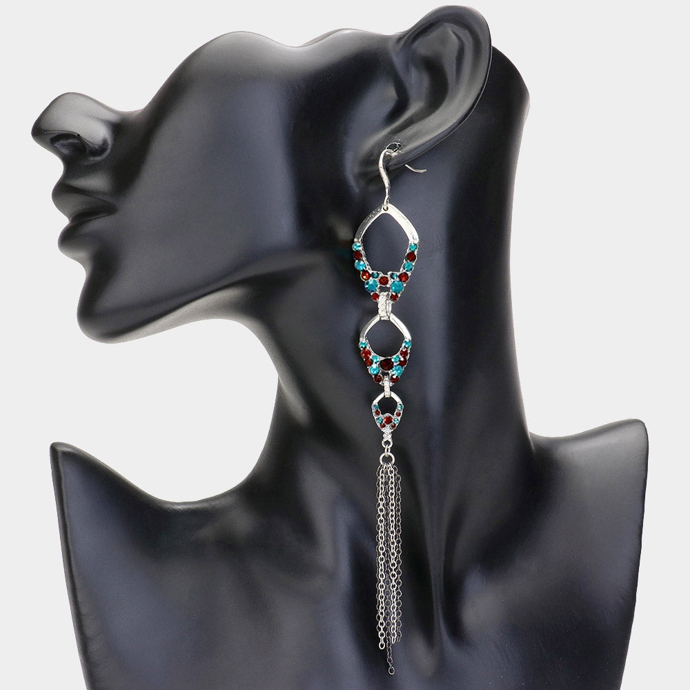 Blue Stone Embellished Metal Fringe Dropdown Earrings