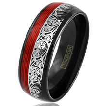 Load image into Gallery viewer, Men&#39;s Wedding Band Rings - Black Clockwork Gears &amp; Red Wire - Wedding Rings for Men and Women
