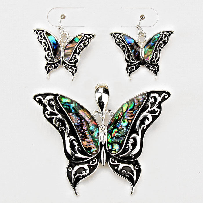 Silver Butterfly Abalone Embedded Pendant Set